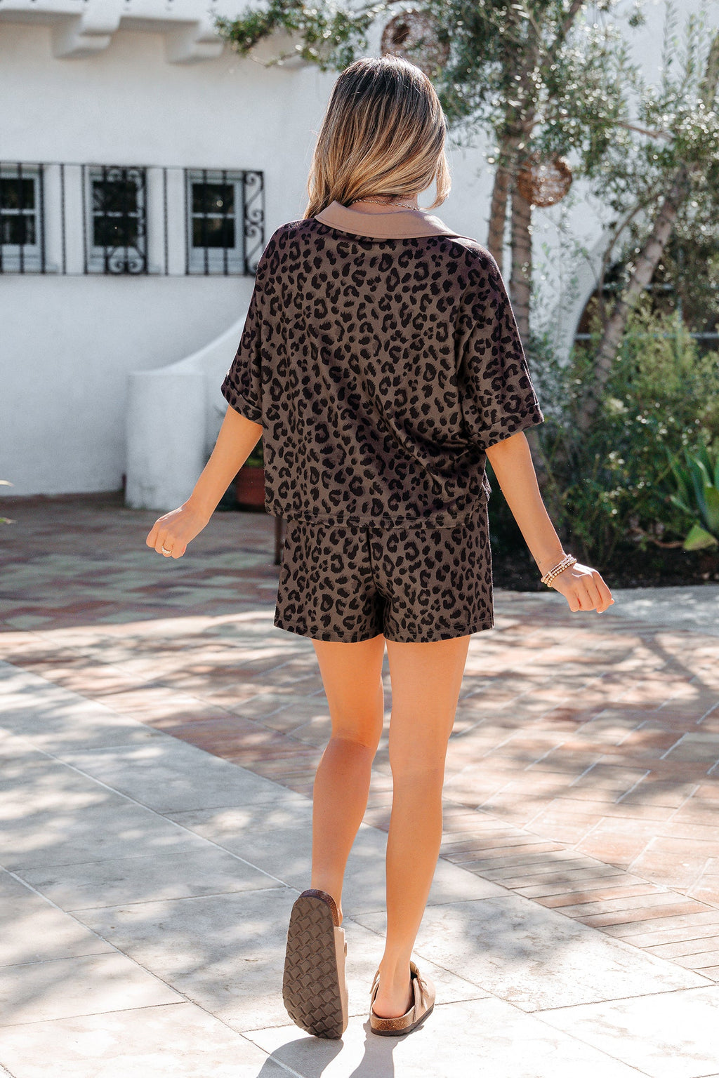 Leopard Collared V-Neck Top & Shorts Set