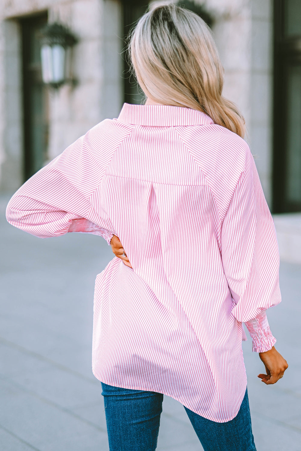 Stripe Smocked Long Sleeve Button-Up Shirt