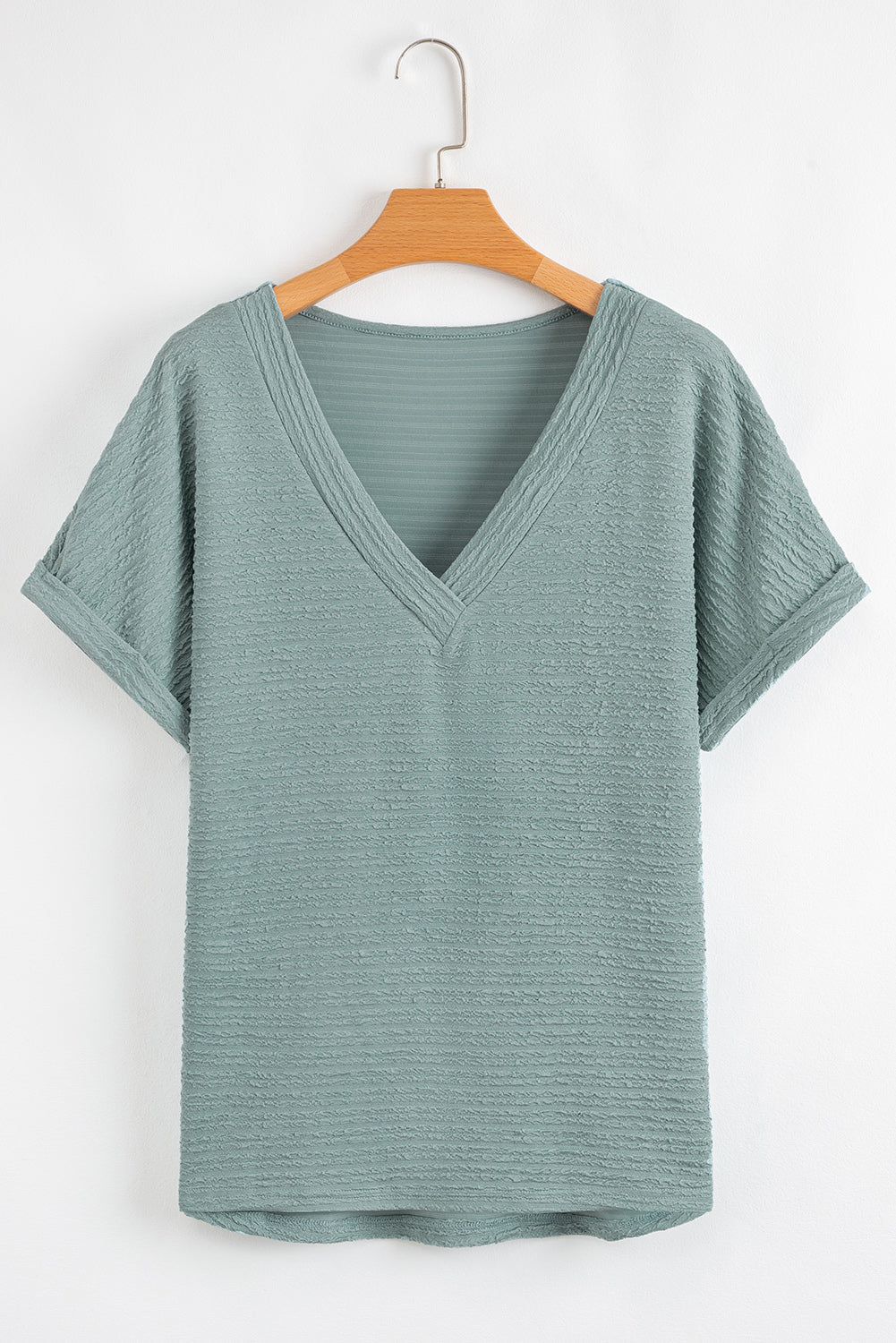 Solid Textured Wide Sleeve V-Neck T-Shirt