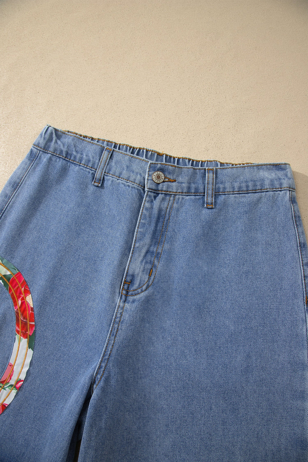 Floral Peace Sign Embroidered Patch Wide Leg Jeans