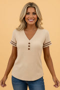 Stripe Contrast Short Sleeve Ribbed V-Neck Sweater