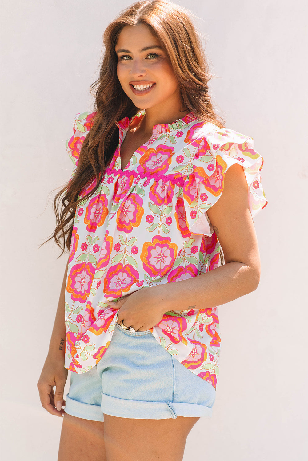 Floral Ricrac Trim  Ruffle Sleeve Blouse