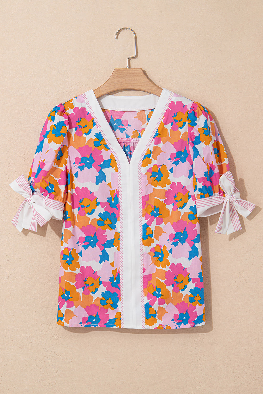 Floral Colorblock Stripe V-Neck Short Sleeve Blouse