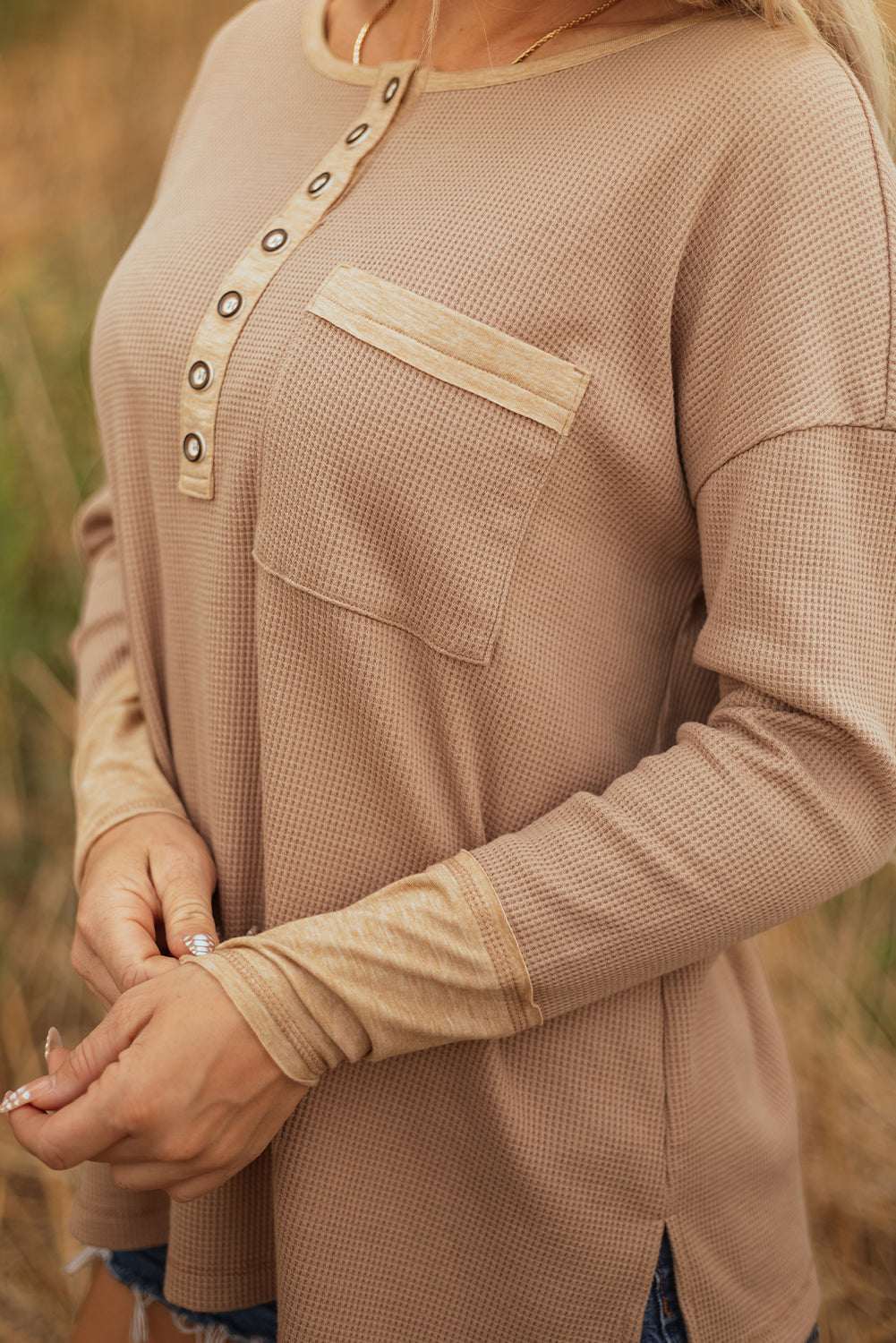 Colorblock Waffle Textured Henley Top