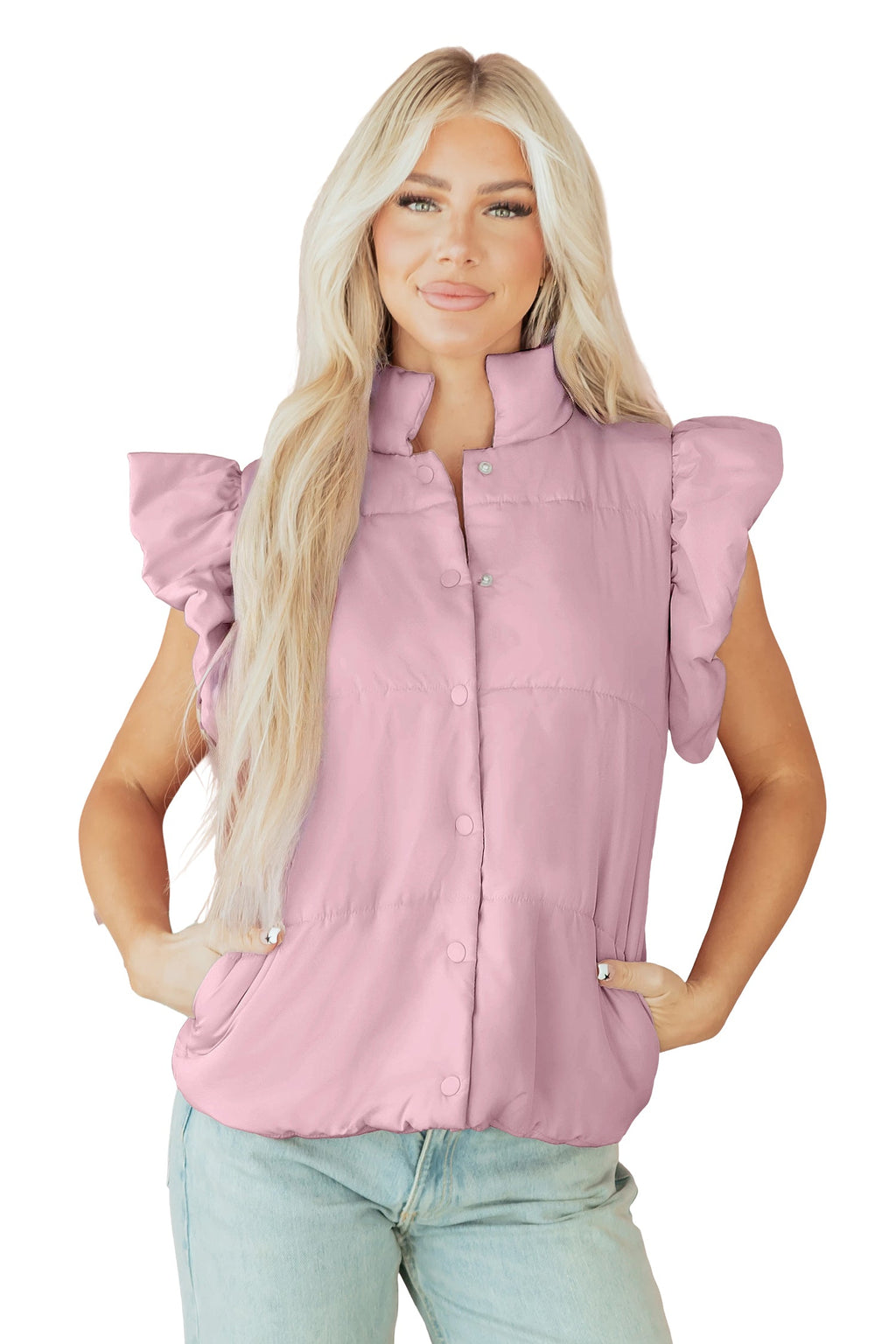 Solid Flutter Sleeve Snap Button Puffer Vest