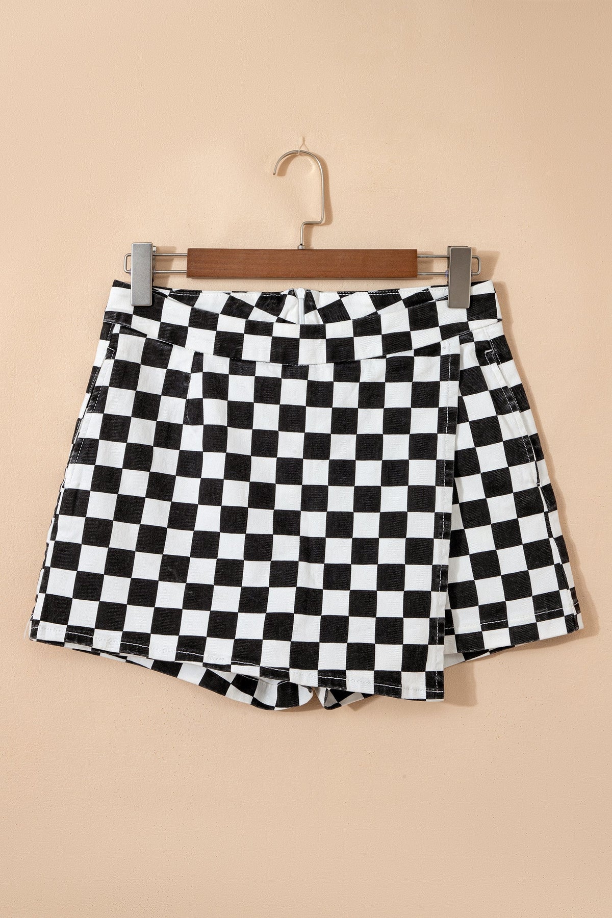 Checker Denim Pocketed Overlap Skort