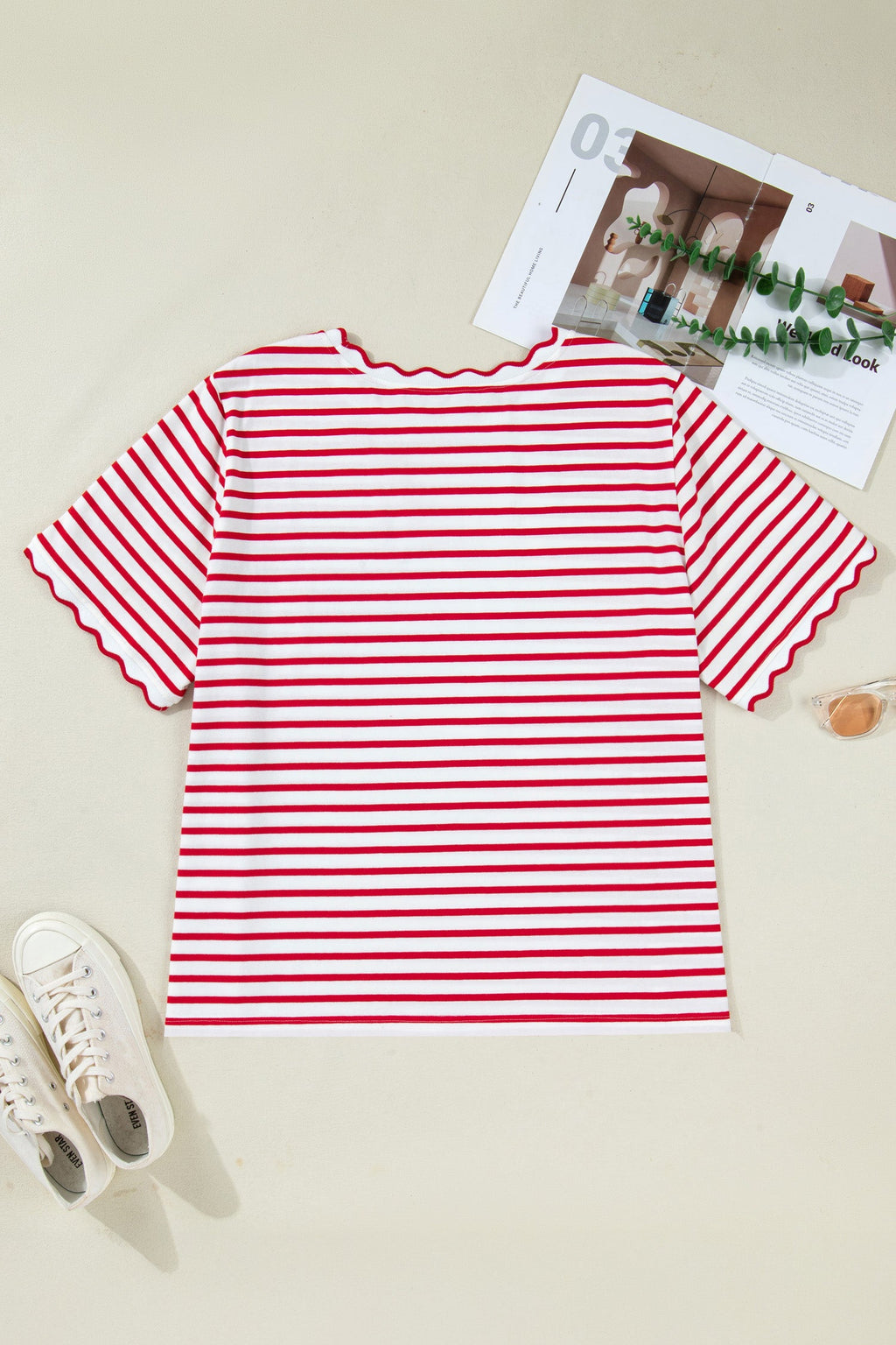 Plus Size Stripe Scalloped Trim Round Neck Top