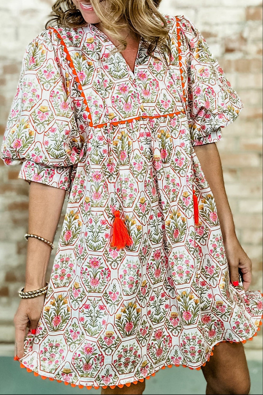 Floral Tassel Tie V-Neck Scalloped Trim Mini Dress