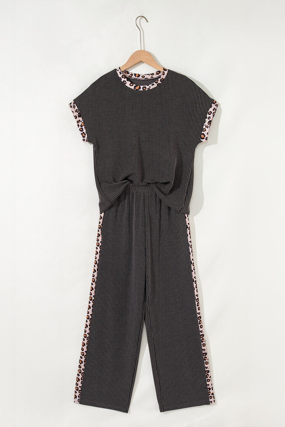 Leopard Patchwork Corded Knit Top & Crop Pants Set