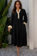 Leopard Frilled Trim V-Neck 3/4 Sleeve Midi Dress