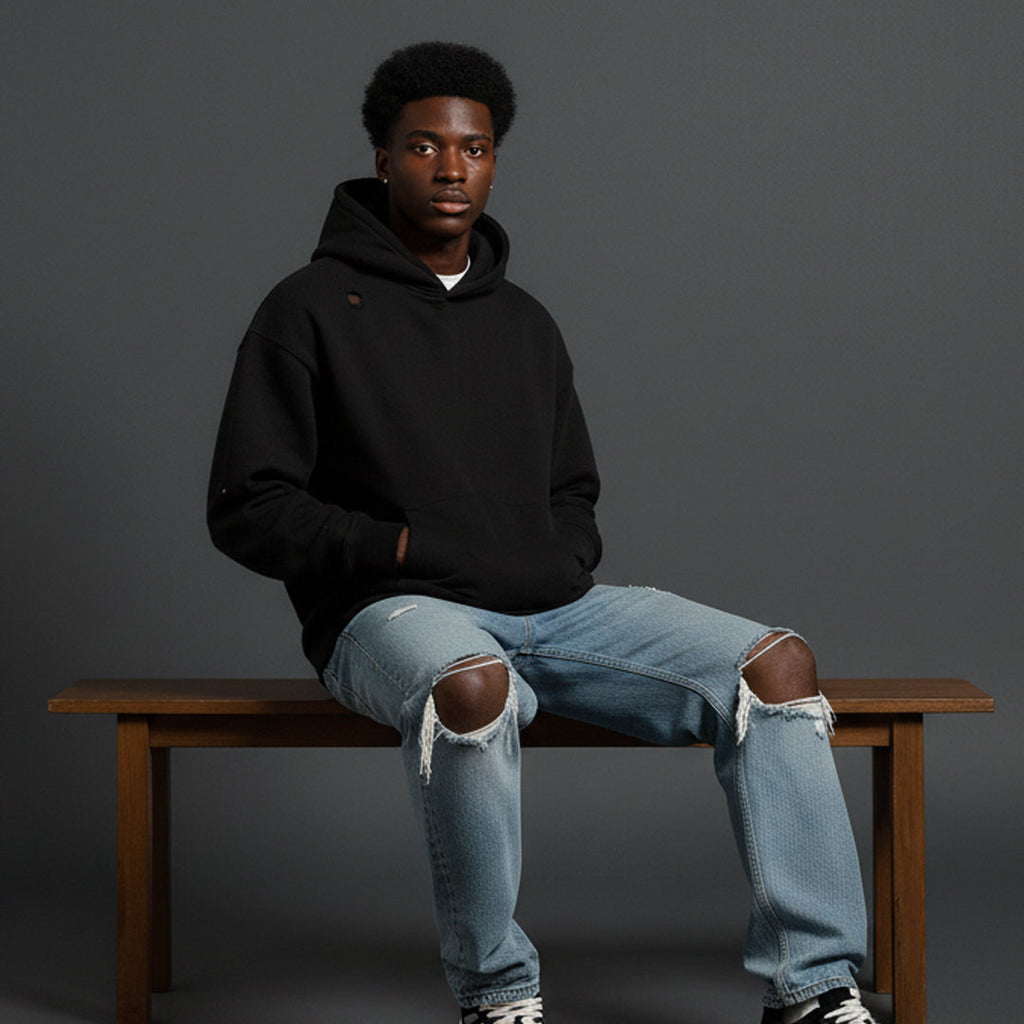 Black Distress Oversized Hoodie