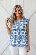 Boho Embroidered Flutter Sleeve Crew Neck Blouse