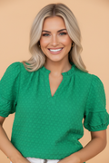 Textured Short Puff Sleeve Notch V-Neck Top