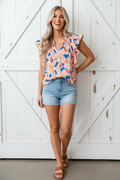 Flower Notch Neck Ruffle Sleeve Blouse