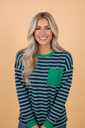 Stripe Colorblock Chest Pocket Long Sleeve Top
