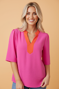 Colorblock Contrast V-Neck Wide Short Sleeve Top