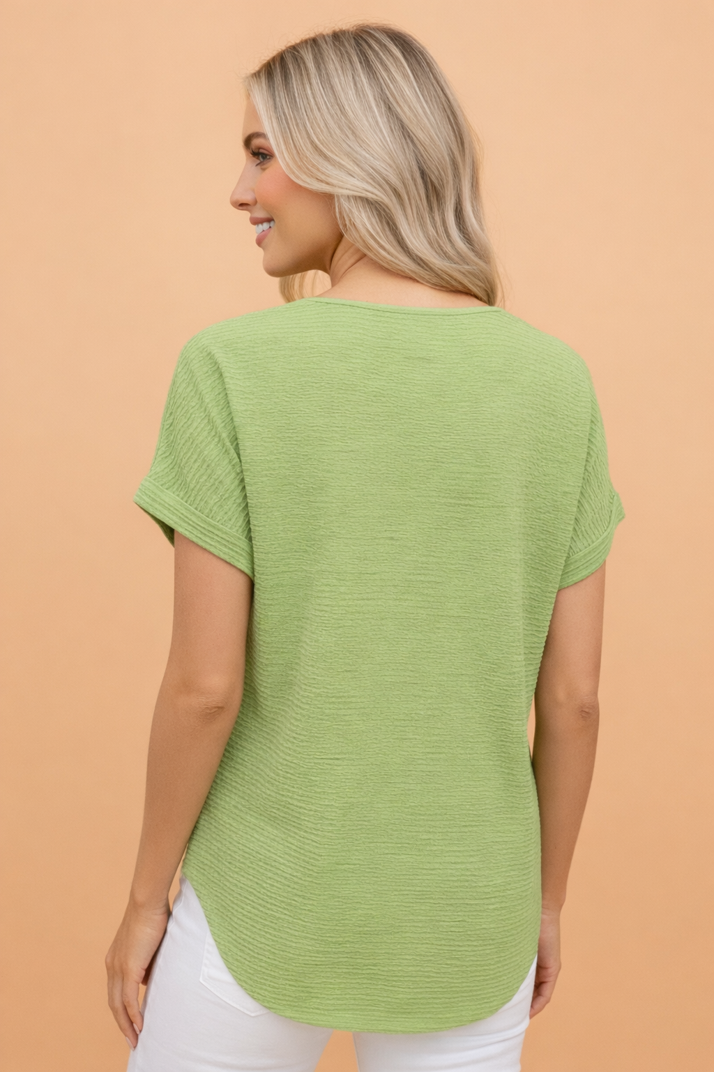 Solid Textured Wide Sleeve V-Neck T-Shirt