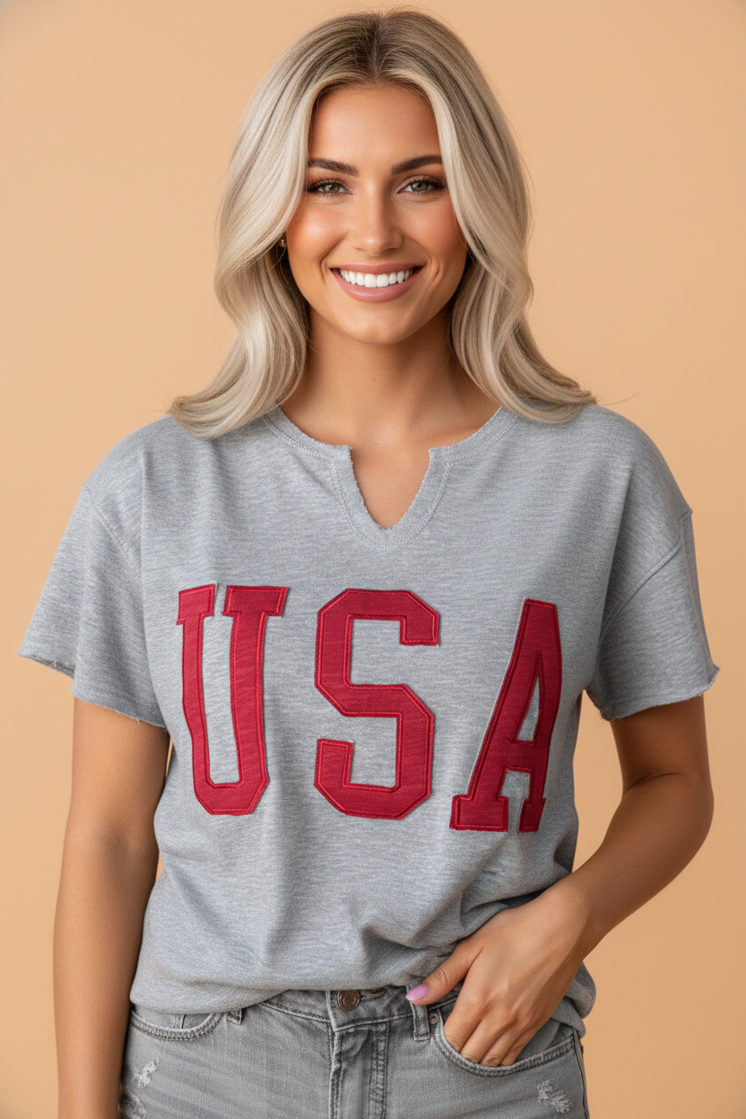 USA Patch Lettering Notch Neck Short Sleeve Tee