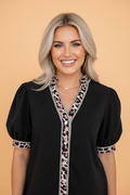 Leopard Trim Puff Sleeve Buttoned V-Neck Shirt