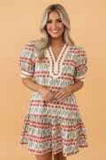 Floral Tulip Stripe Short Puff Sleeve Mini Dress