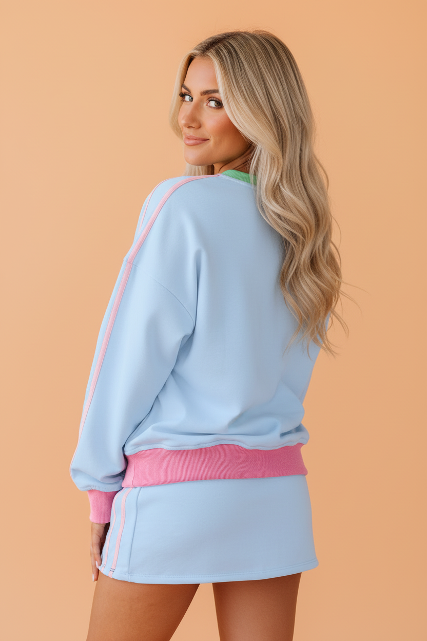 Colorblock Ribbed V-Neck & Skort Athleisure Set