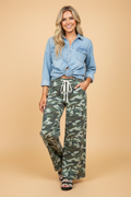 Camo Wide Leg Drawstring Denim Pants