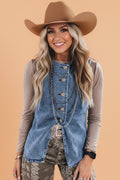 Western Denim Button Front Slit Sleeveless Vest