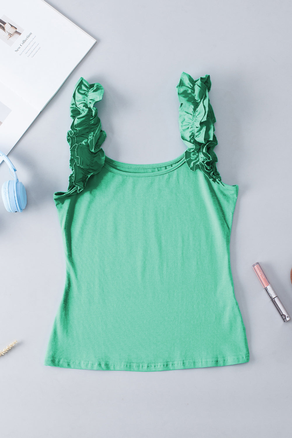Solid Ruffle Straps Scoop Neck Tank Top