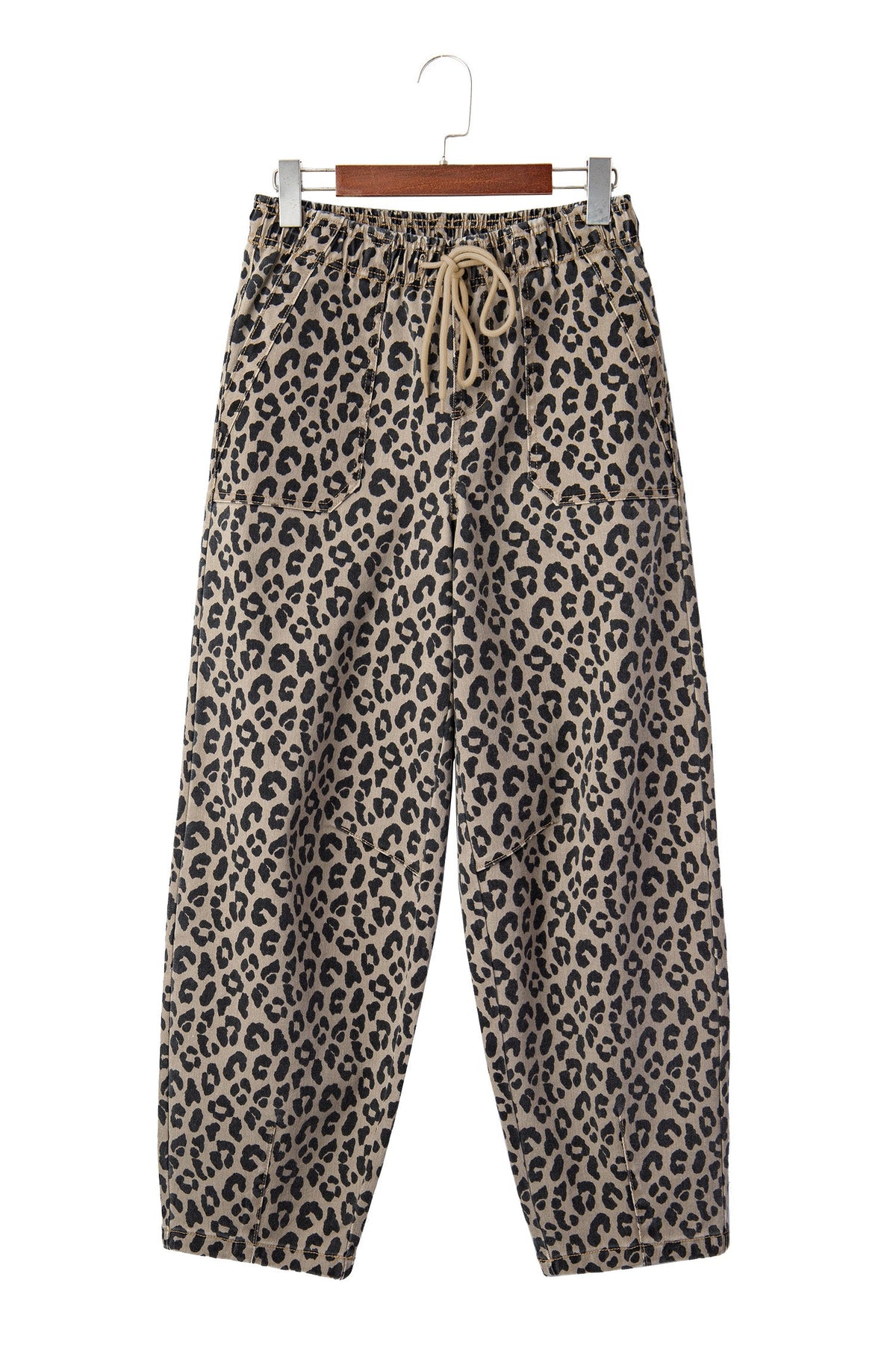 Leopard Denim Drawstring Elastic Waist Loose Pants