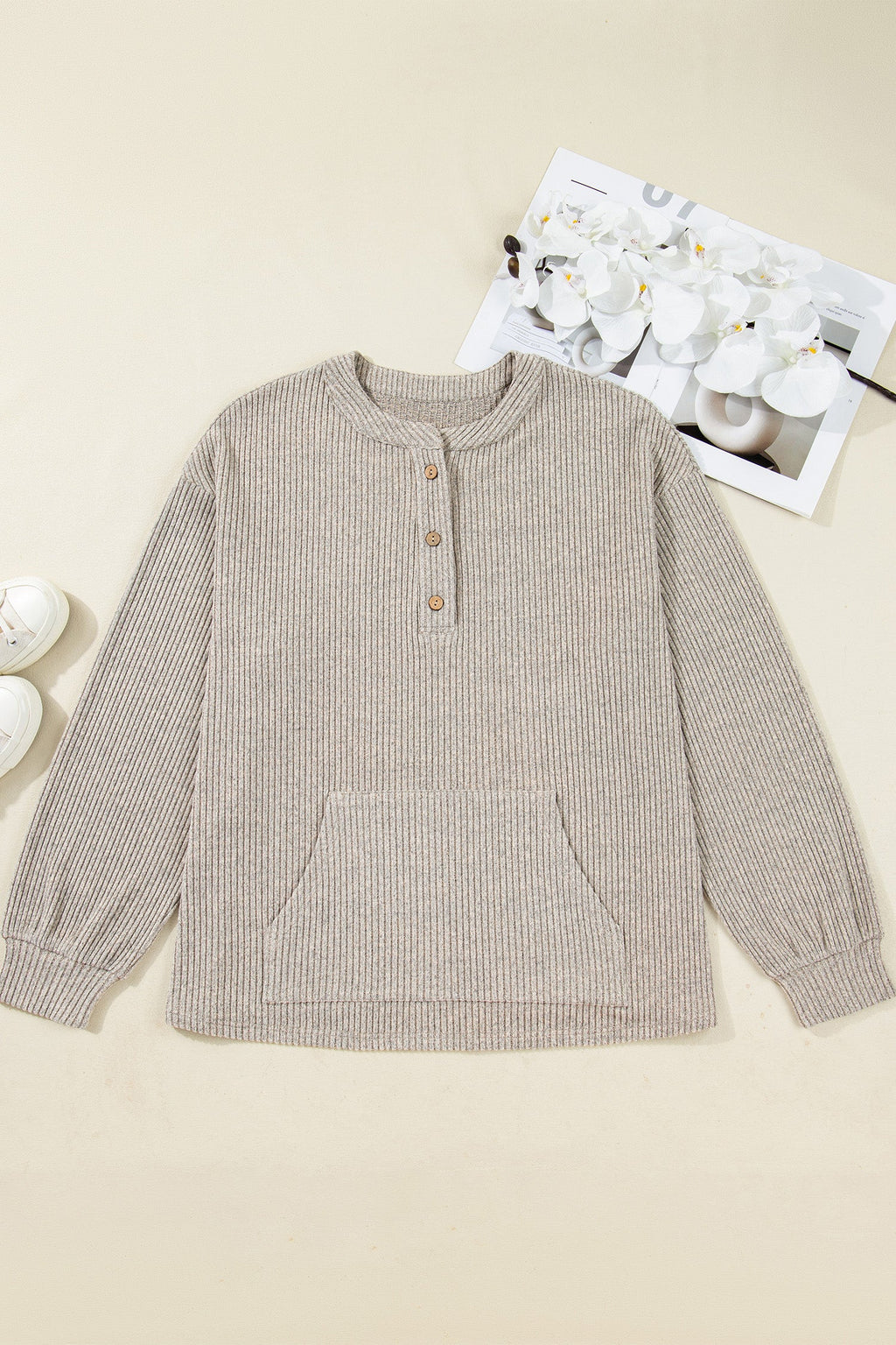 Plus Size Ribbed Knit Kangaroo Pocket Henley Top