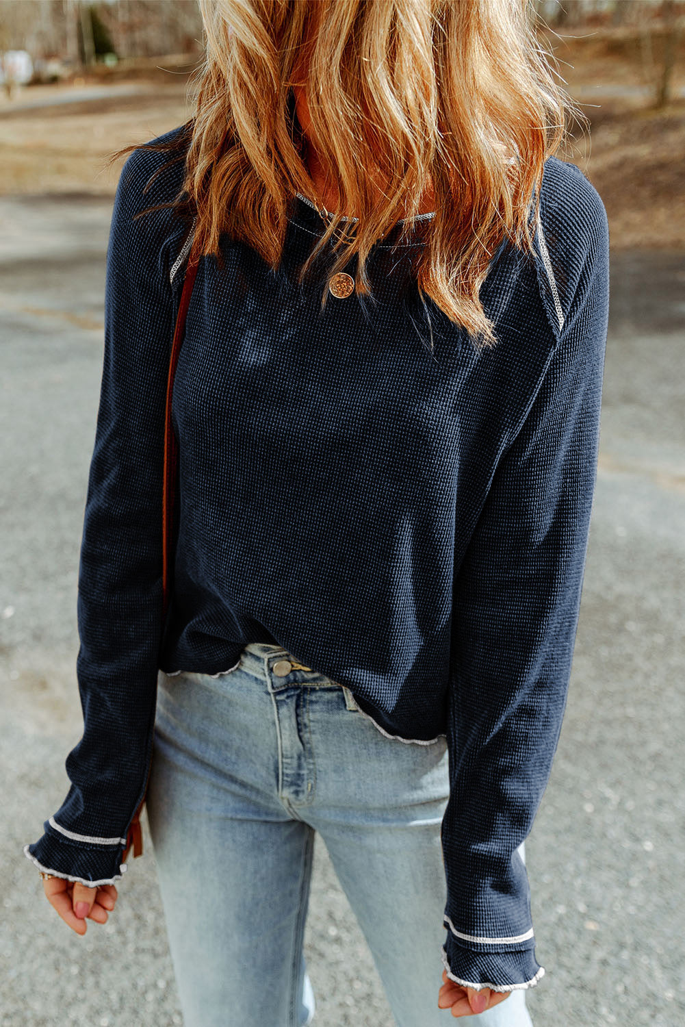 Solid Waffle Knit Round Neck Long Sleeve Top