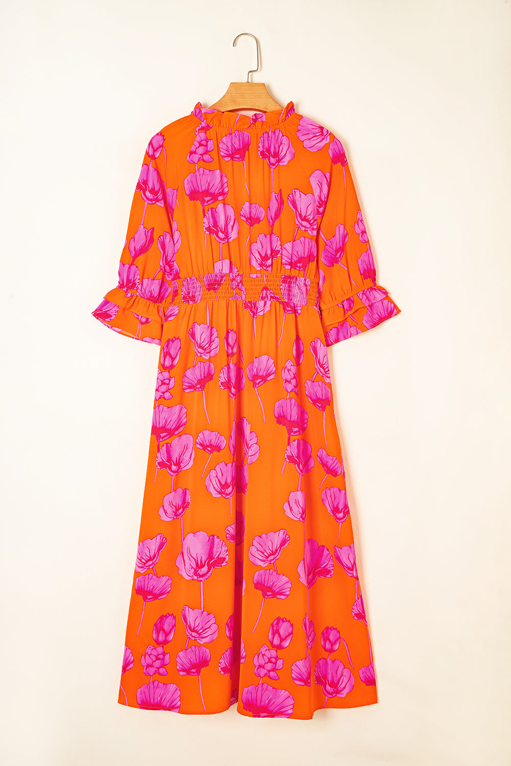 Floral Frilly Smocked V-Neck Maxi Dress