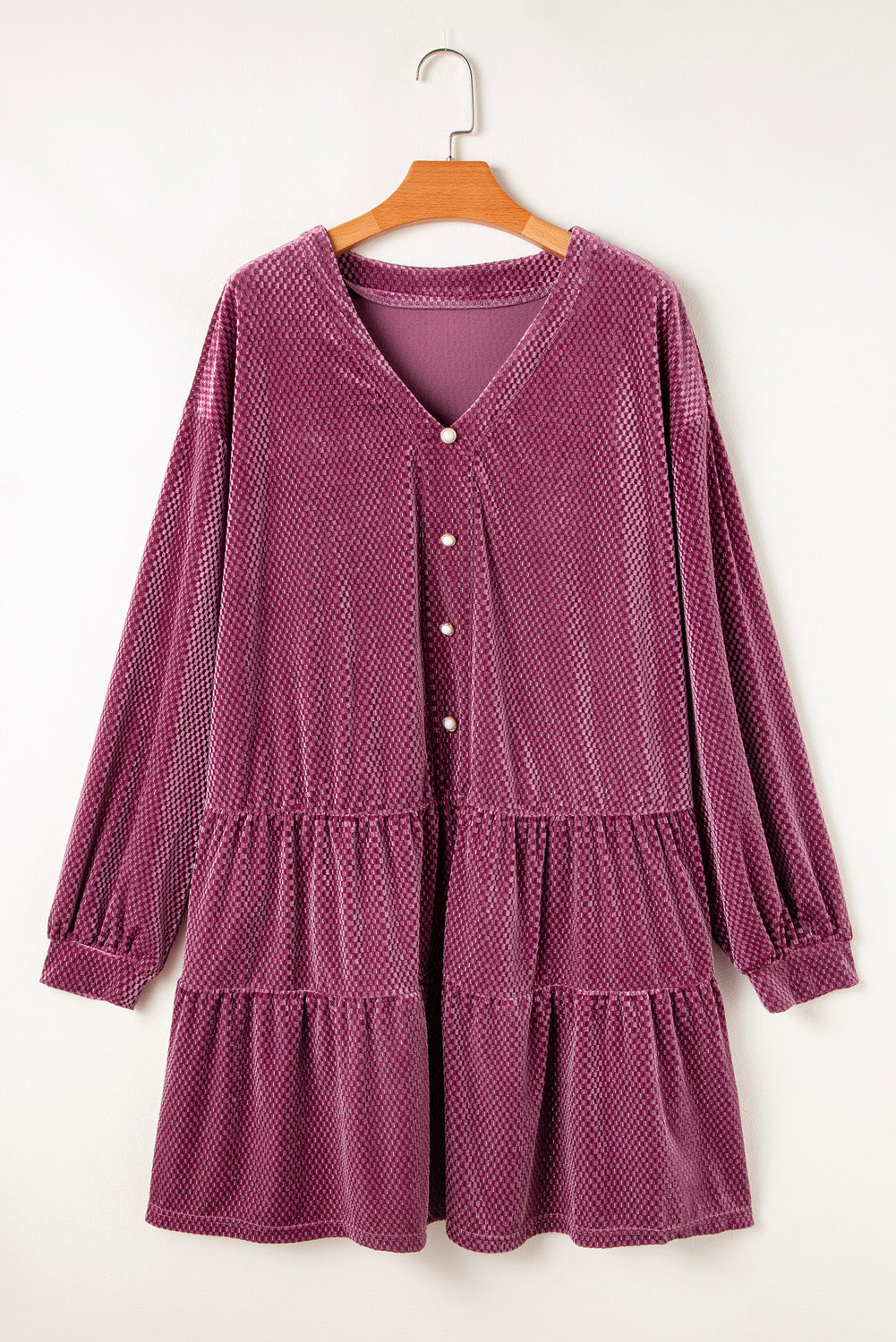 Plus Size Textured Velvet Buttoned Tiered Dress