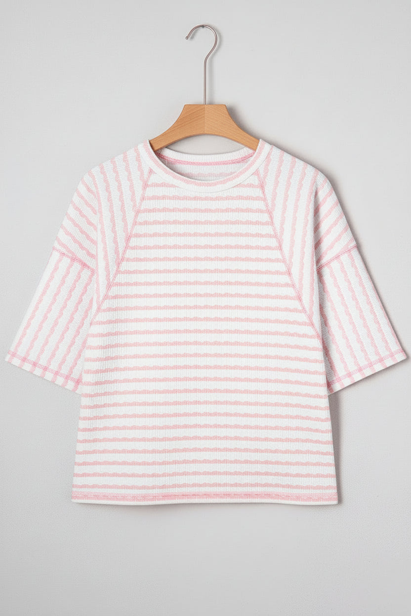 Plus Size Stripe Textured Patchwork 3/4 Sleeve Top