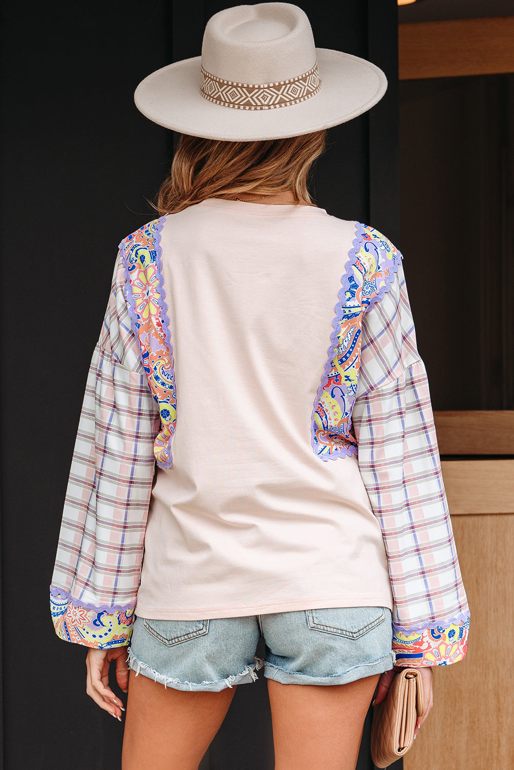 Floral Plaid Patchwork Puff Sleeve Blouse