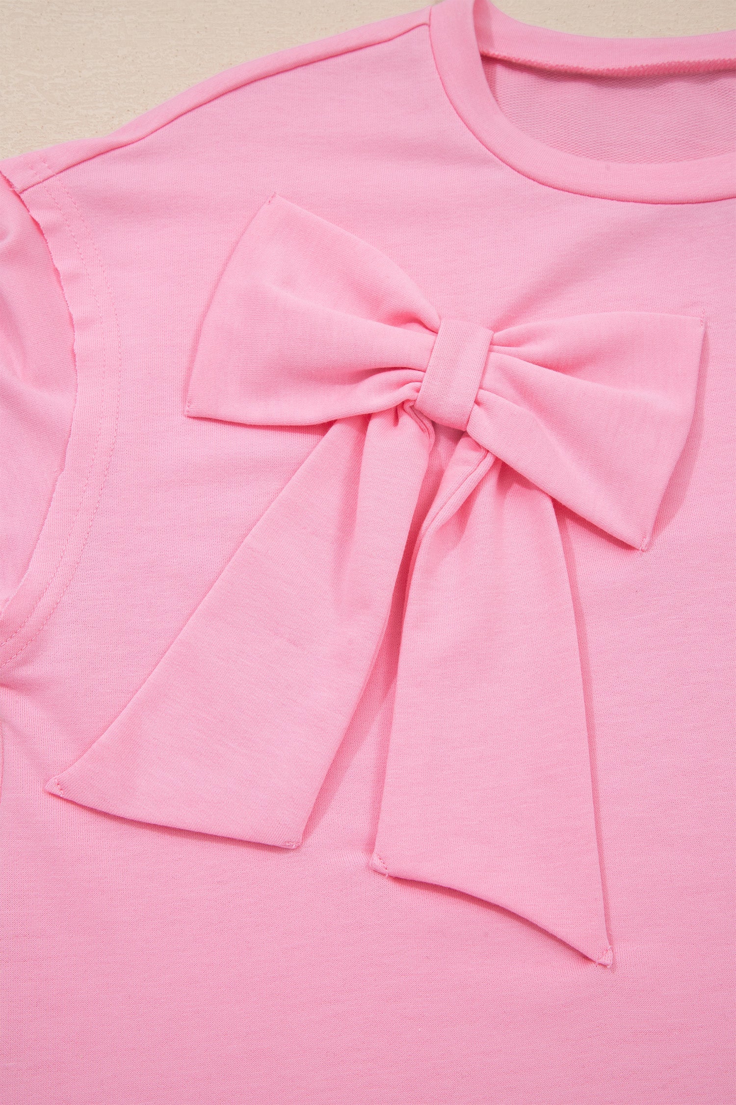 Solid Bow Patch Raw Edge Loose T-Shirt