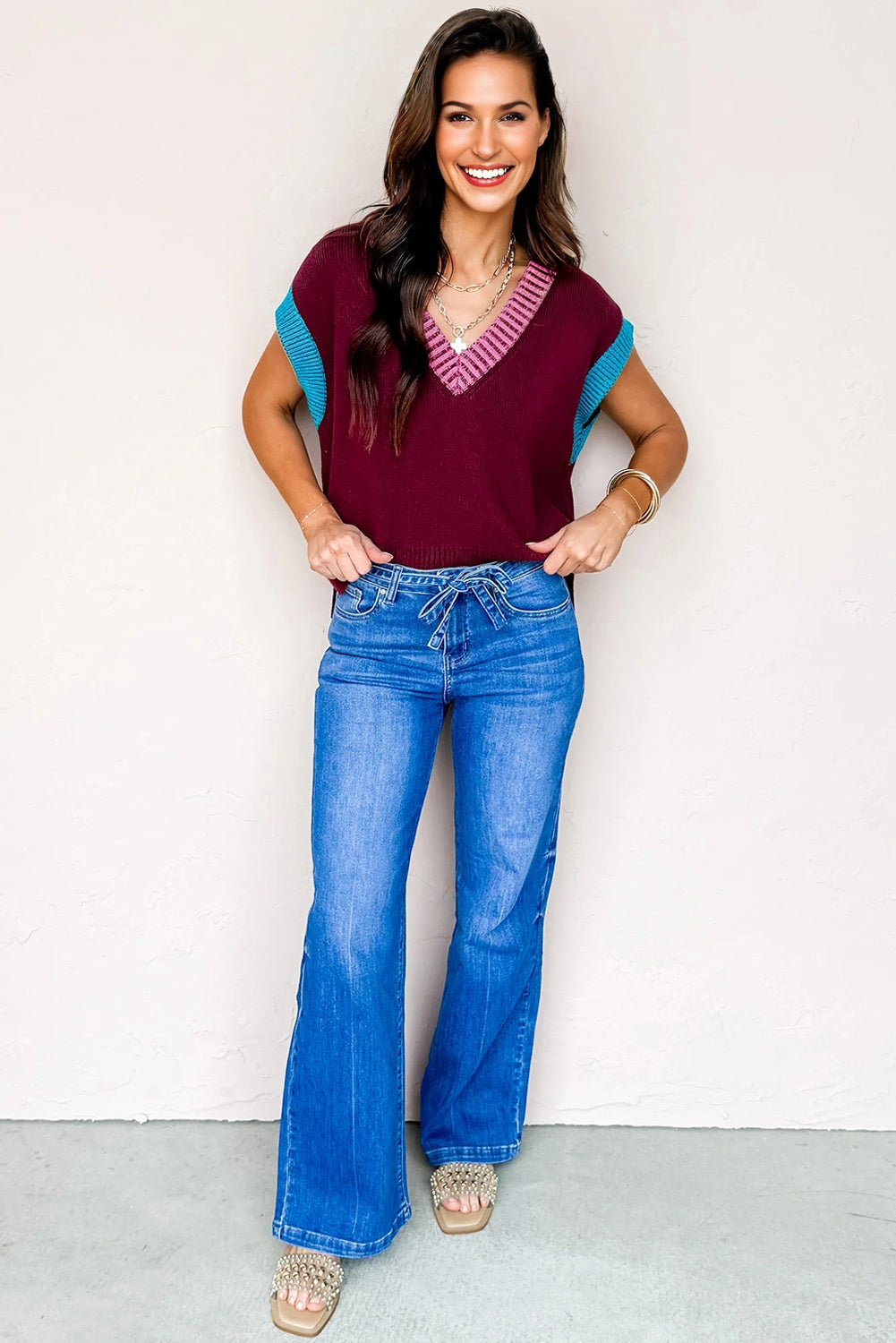 Colorblock V-Neck Cuffed Short Sleeve Sweater