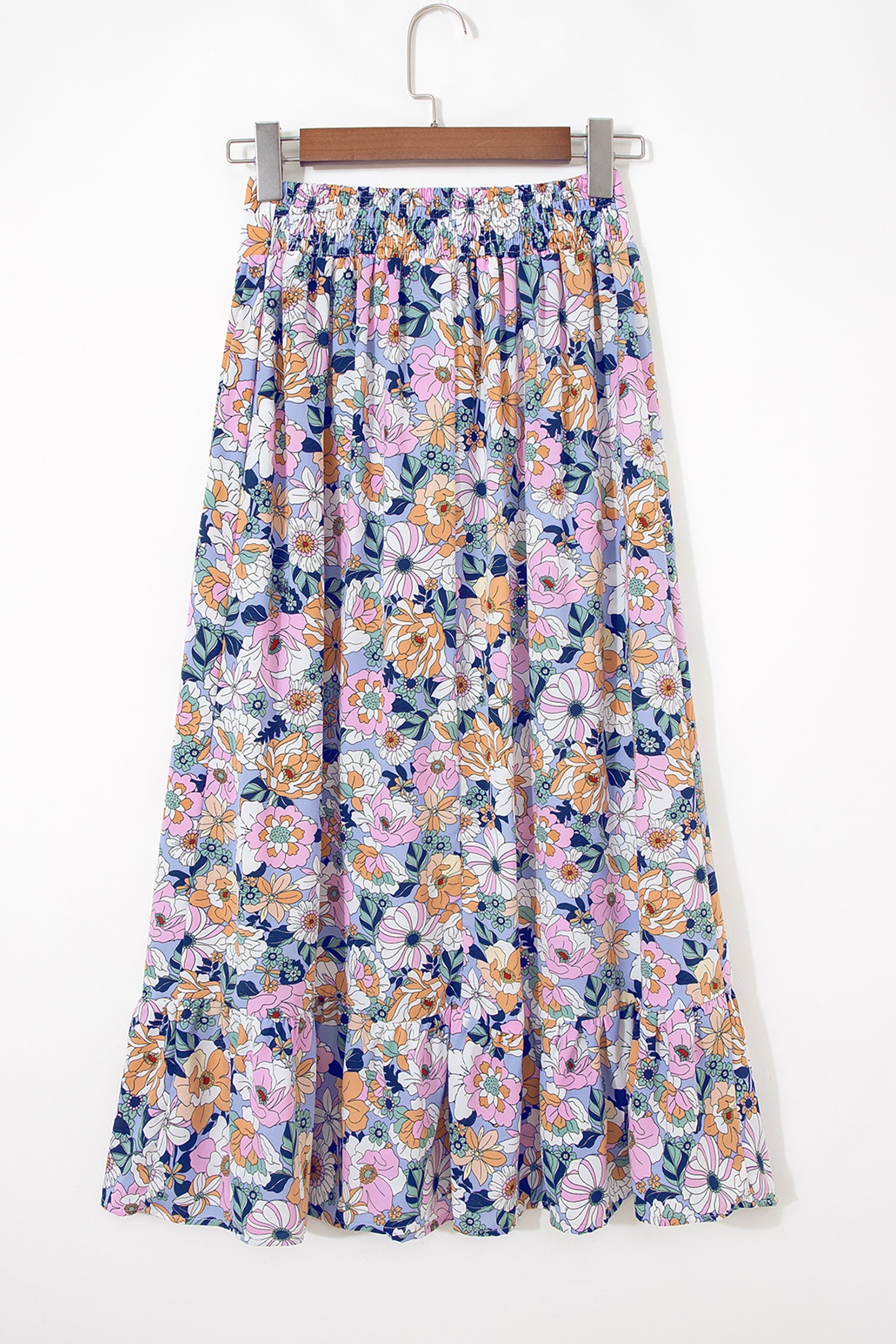 Floral Lace Up High Waist Ruffle Maxi Skirt