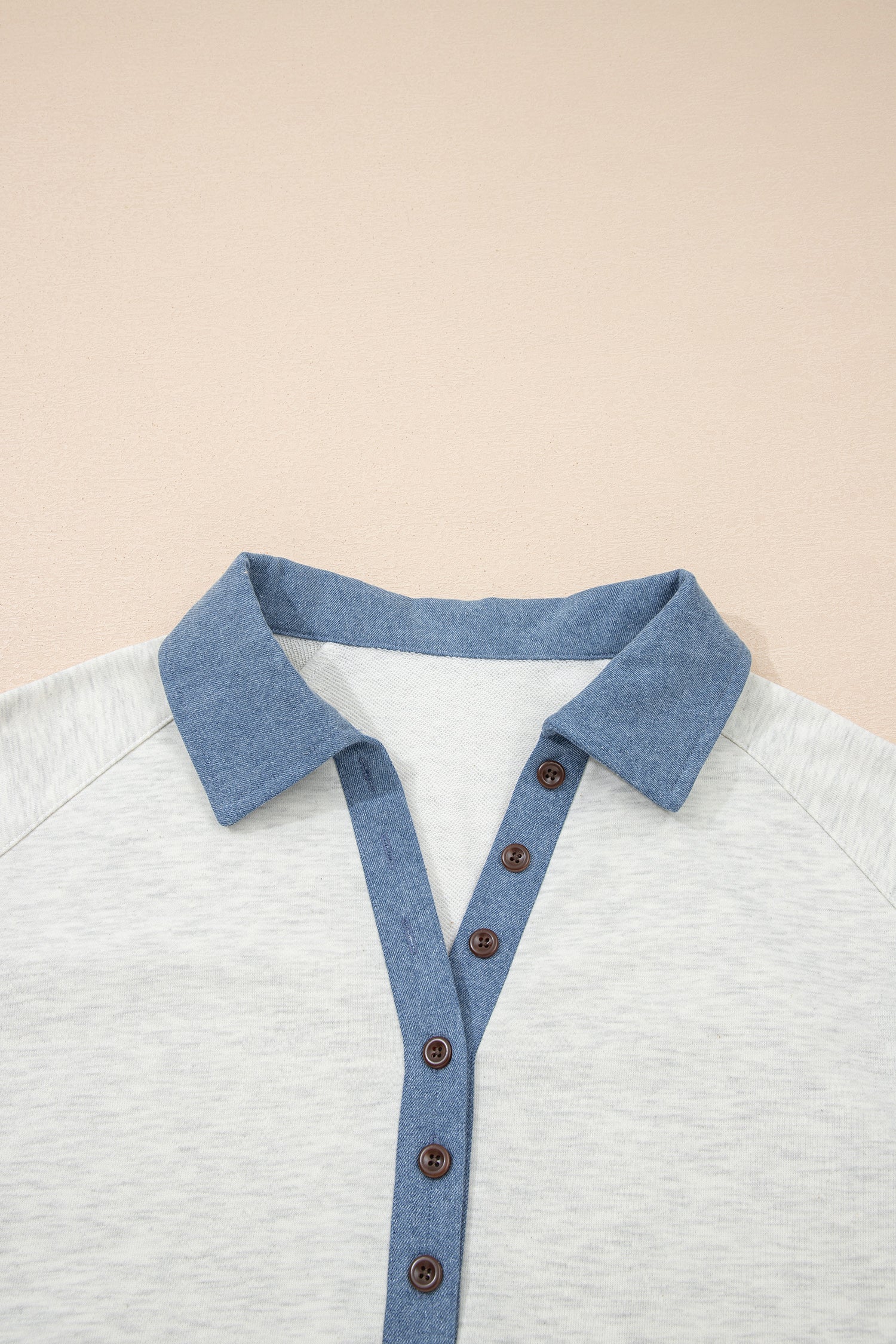 Denim Patchwork Polo Collar Long Sleeve Top