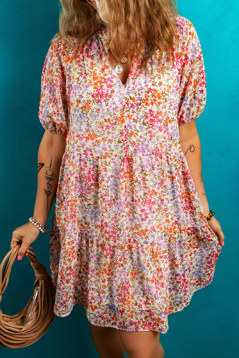 Floral Puff Sleeve V-Neck Tiered Mini Dress