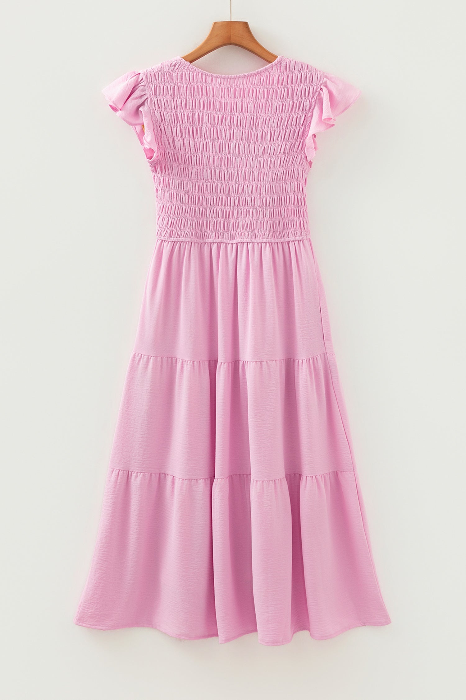 Smocked V-Neck Flutter Sleeve Tiered Midi Dress