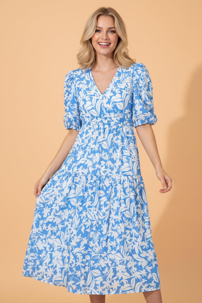 Floral V-Neck Puff Sleeve Flowy Maxi Dress