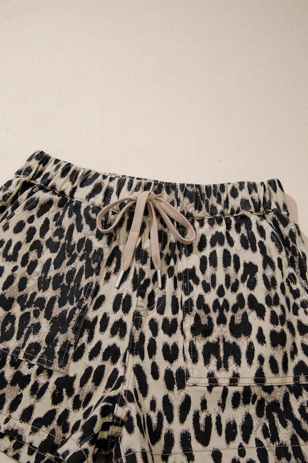 Leopard Denim Drawstring Elastic Waist Shorts