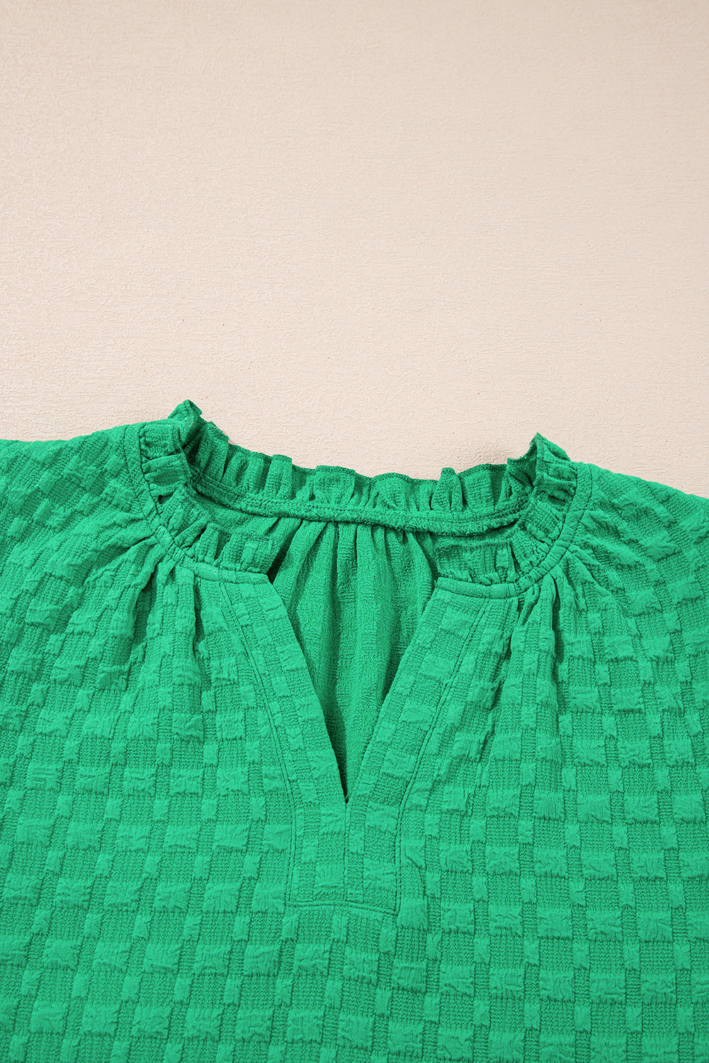 Textured Short Puff Sleeve Notch V-Neck Top