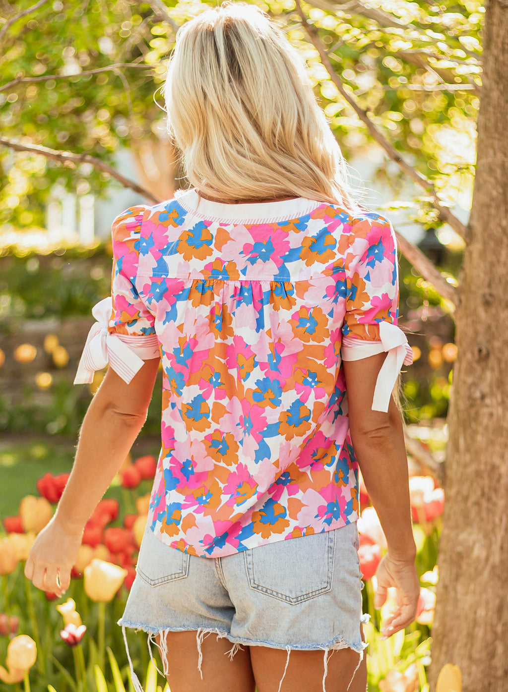 Floral Colorblock Stripe V-Neck Short Sleeve Blouse