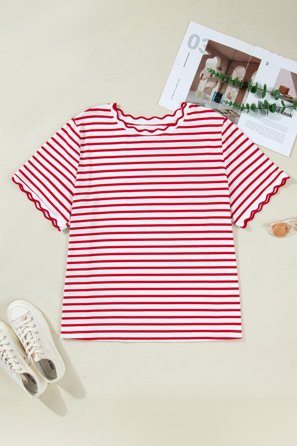 Plus Size Stripe Scalloped Trim Round Neck Top