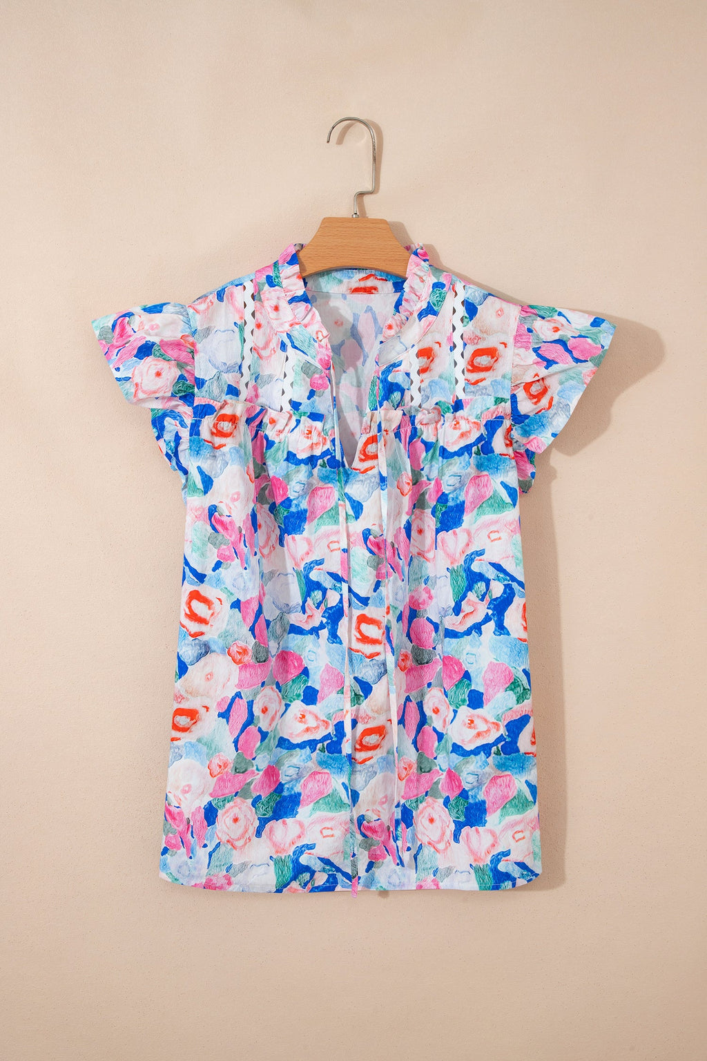 Floral Tie V-Neck Ruffle Short Sleeve Blouse
