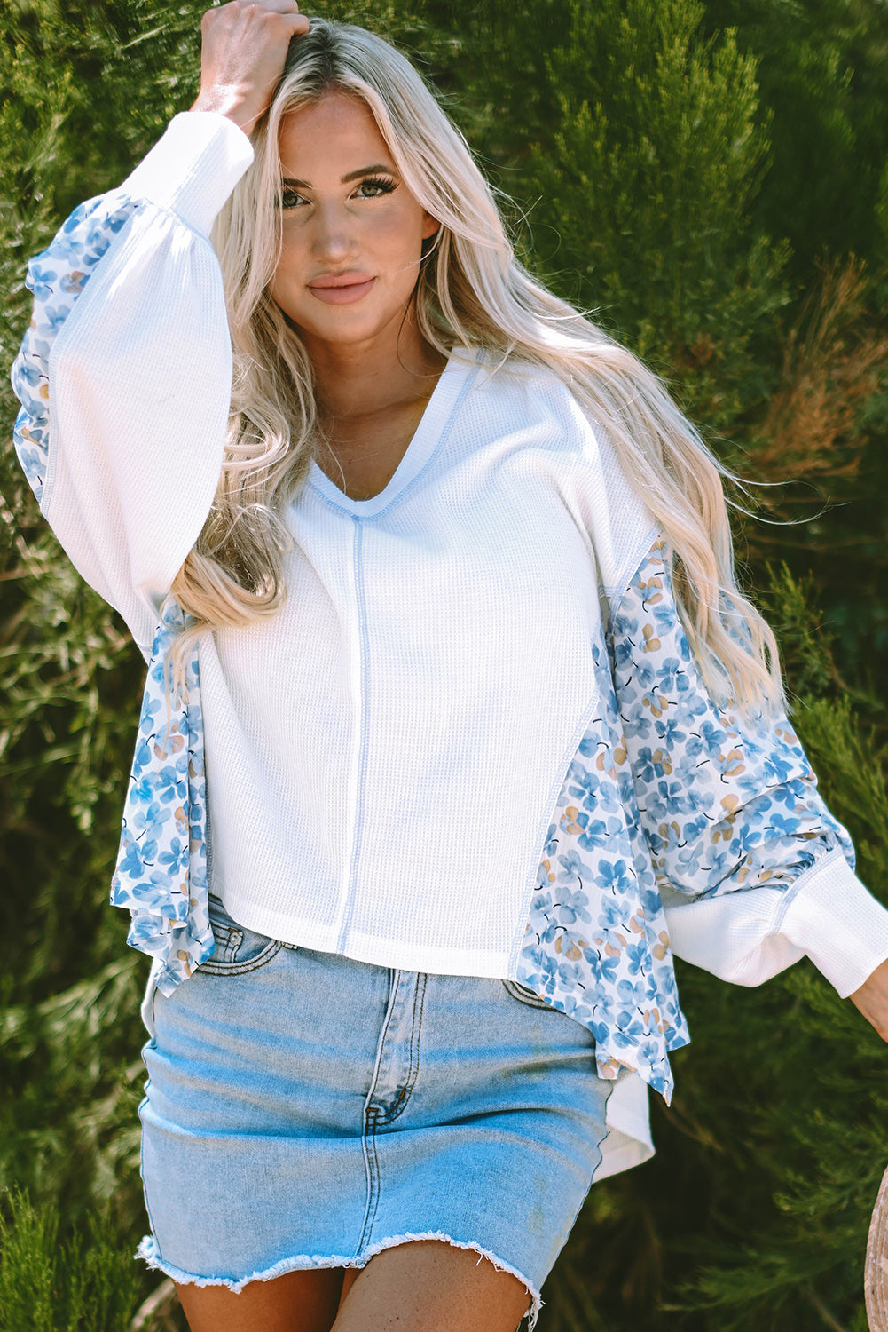 Floral Patchwork Batwing Sleeve V-Neck Blouse