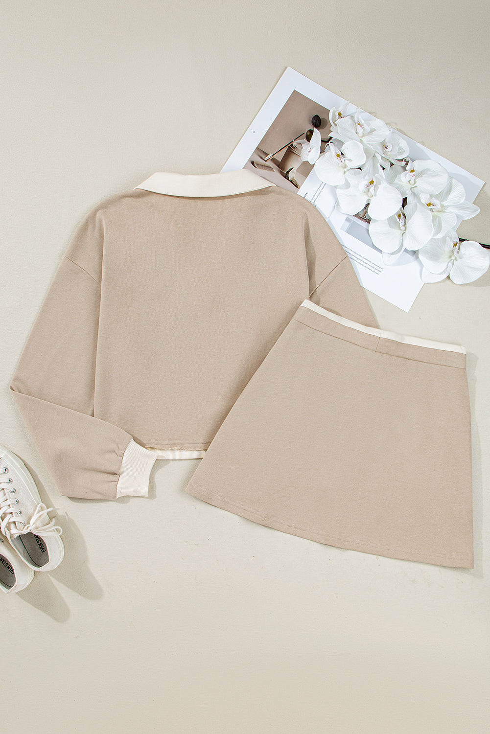 Colorblock Raw Edge Pullover and Drawstring Skirt Set