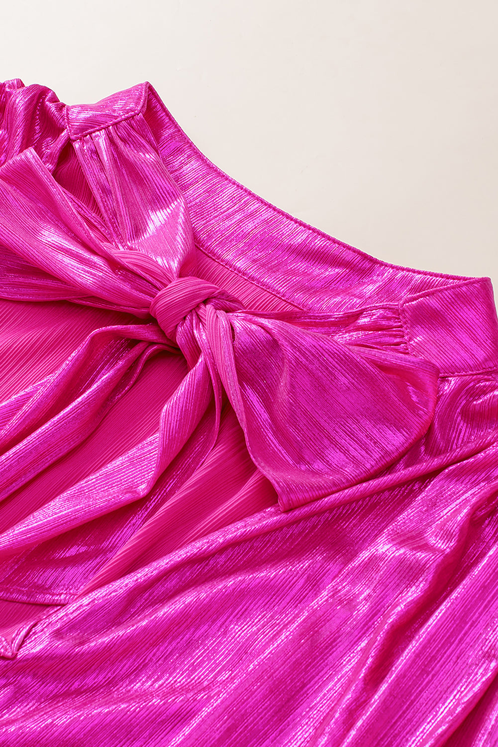Metallic Bow Tie Ruched Sleeve Backless Blouse